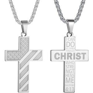 Silver American Flag Christ Cross Necklace Men Stainless Steel Box Chain 22 inch